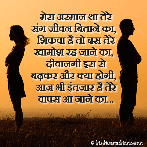 Mera Armaan Tha Tere Sang Jeevan Bitane Ka मेरा अरमान था तेरे संग जीवन बिताने का Photo SMS Intezaar Hai Tere Vapas Aane Ka BREAK UP SMS HINDI Image